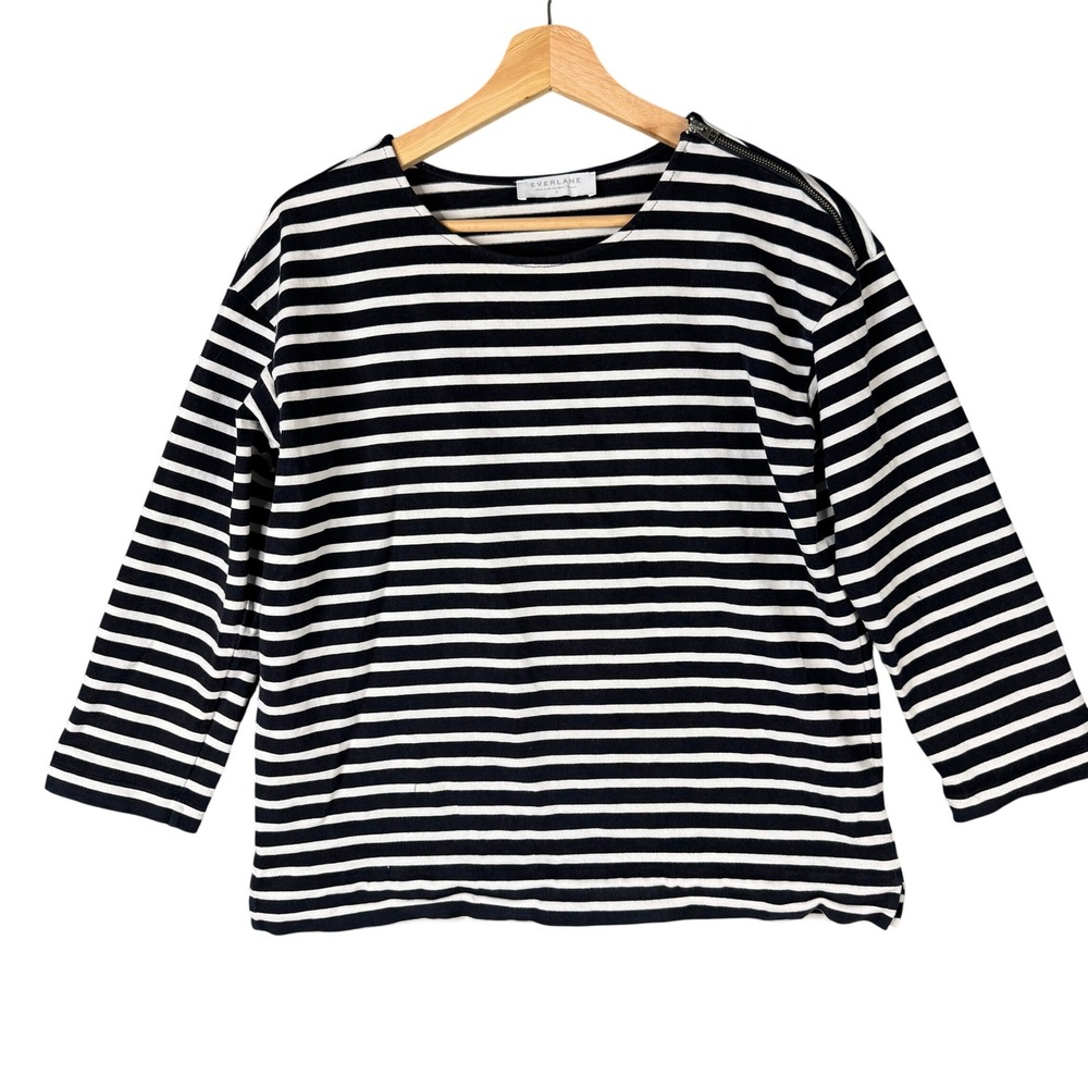 Everlane The Striped Side-Zip Tee Black White Cotton 3/4 Sleeve Top Small Petite